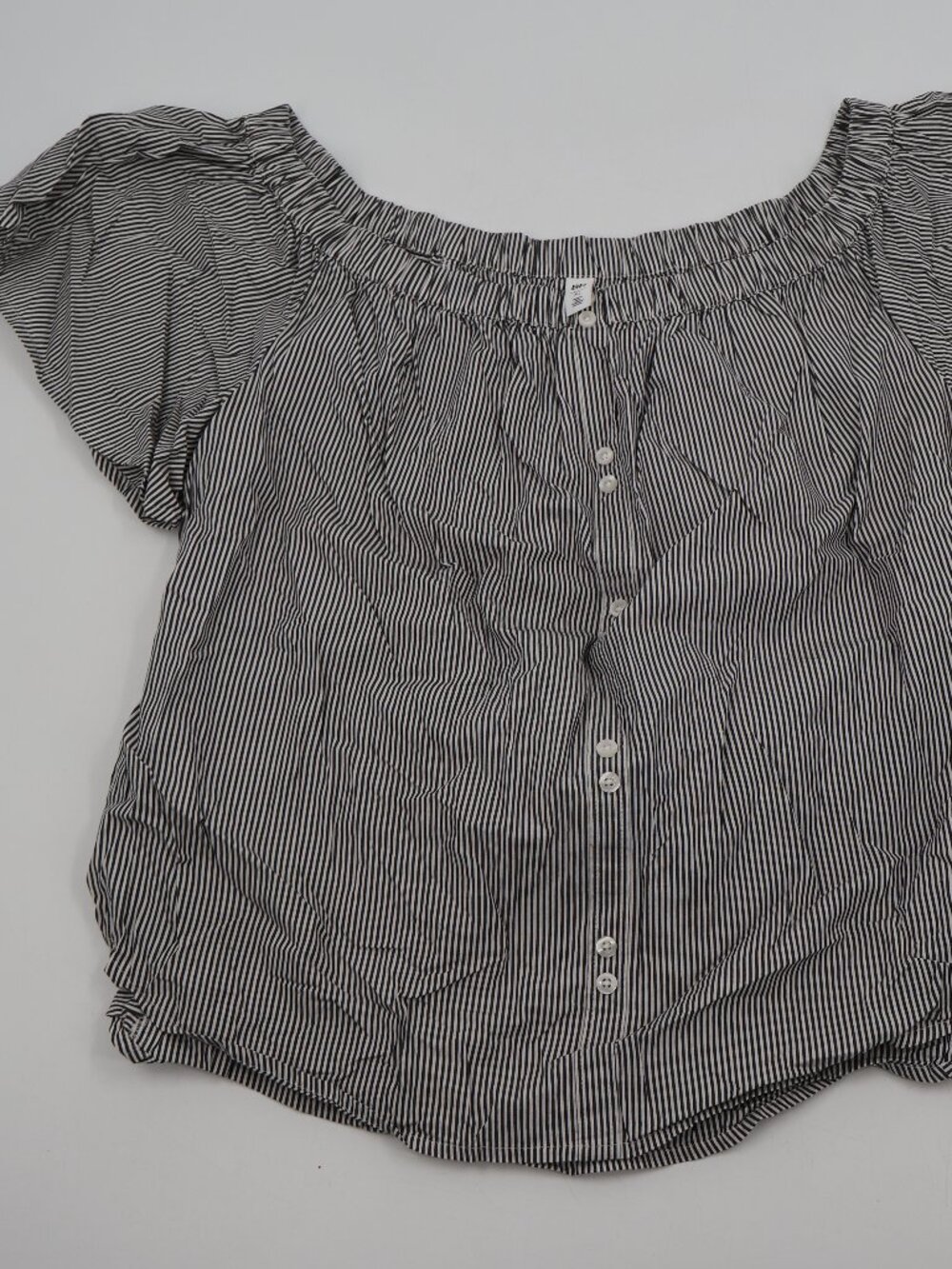BP. Off The Shoulder Top Women XL Black White Pinstripe Button Front Tie Back